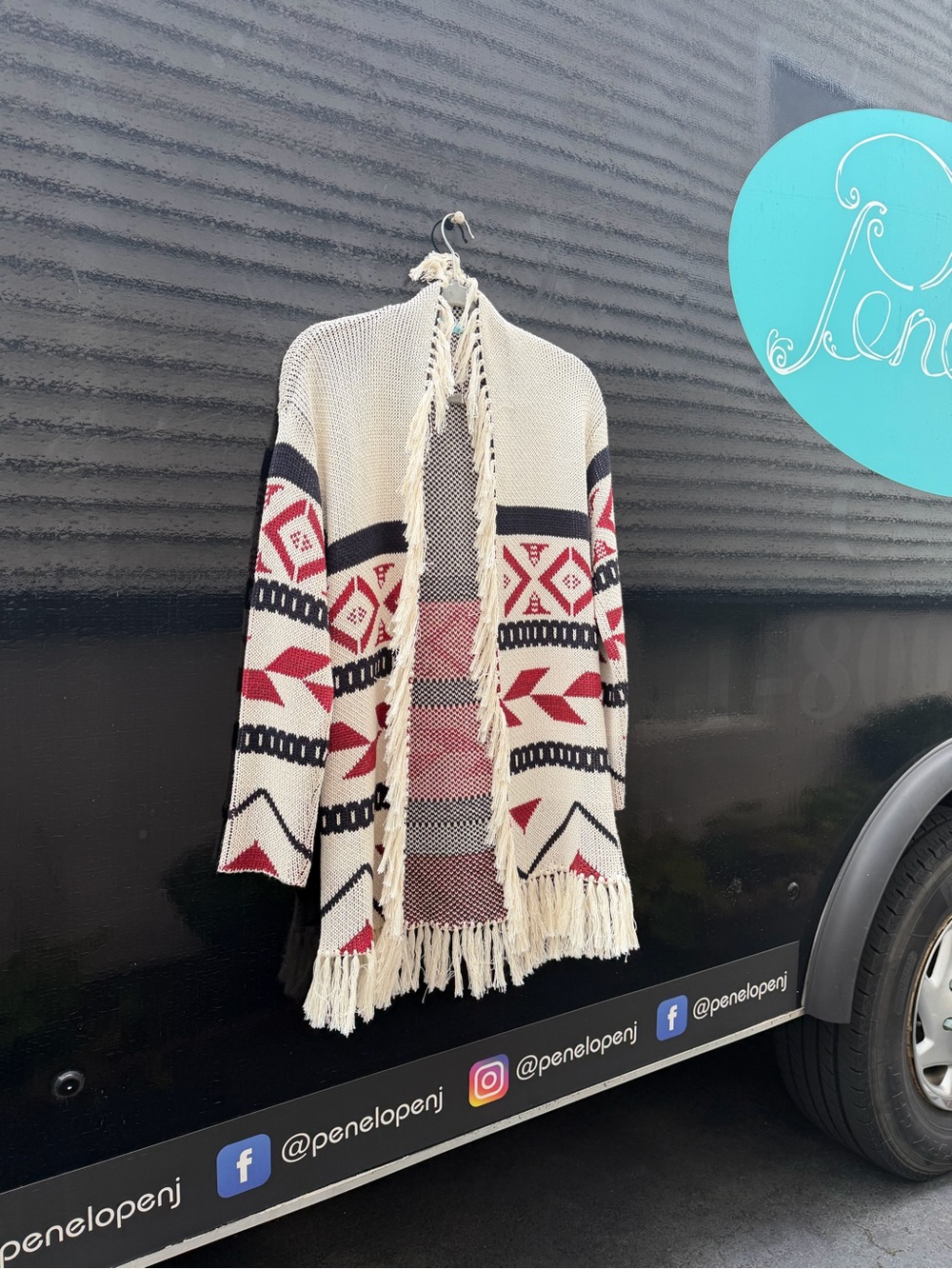 Fringe Open-Front Aztec Knit Cardigan - Cream & Red